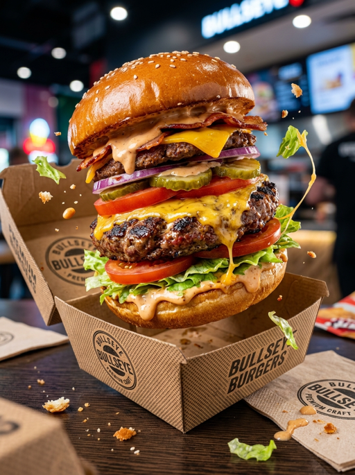 AI product photography scene — food bullseye burger bursting from box | rawbit AI product photography scene — food bullseye burger bursting from box | rawbit