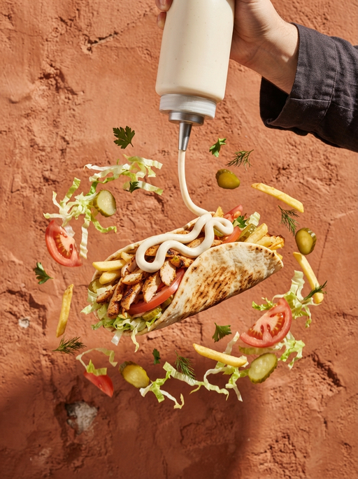 AI product photography scene — food chicken shawarma wrap flying toppings | rawbit AI product photography scene — food chicken shawarma wrap flying toppings | rawbit
