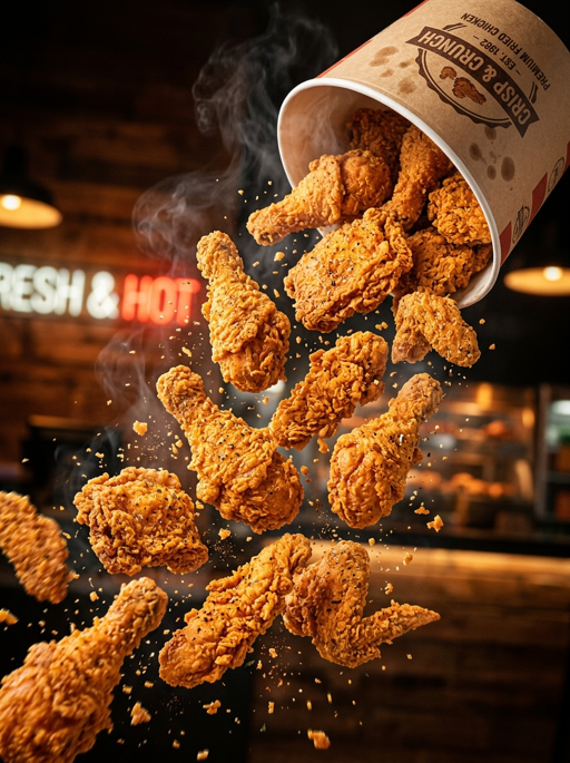AI product photography scene — food crispy fried chicken tumbling bucket | rawbit AI product photography scene — food crispy fried chicken tumbling bucket | rawbit