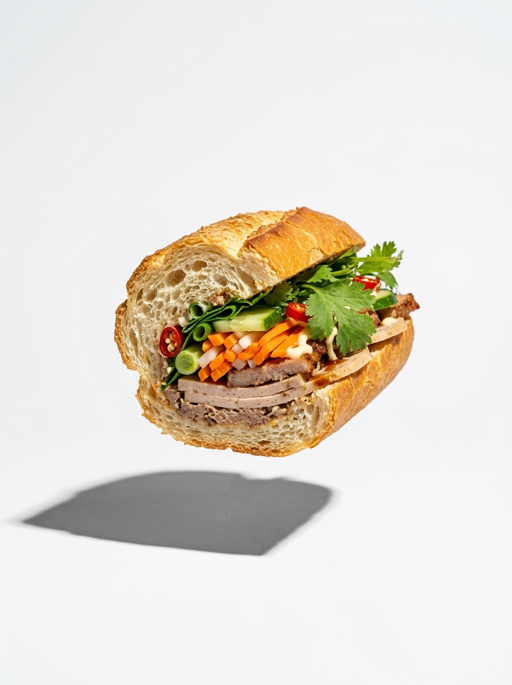 AI product photography scene — food floating banh mi sandwich white | rawbit AI product photography scene — food floating banh mi sandwich white | rawbit