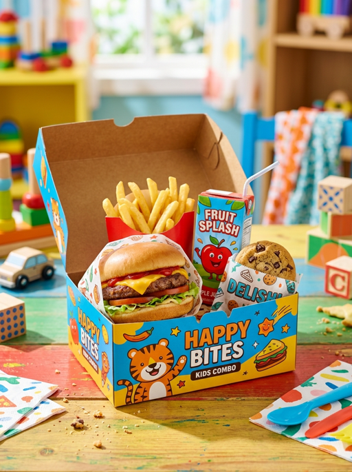 AI product photography scene — food kids combo meal box playroom | rawbit AI product photography scene — food kids combo meal box playroom | rawbit