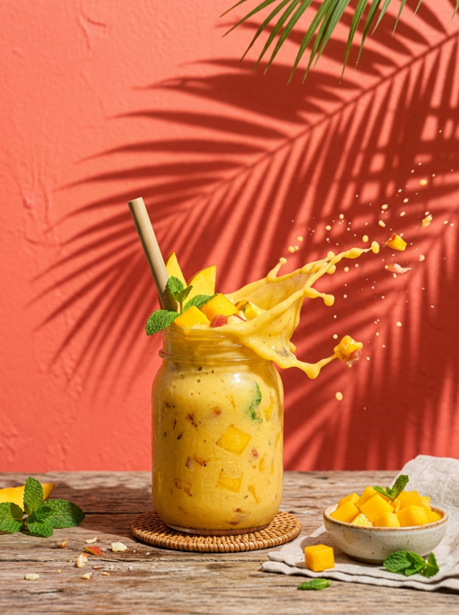 AI product photography scene — food mango smoothie splash coral backdrop | rawbit AI product photography scene — food mango smoothie splash coral backdrop | rawbit