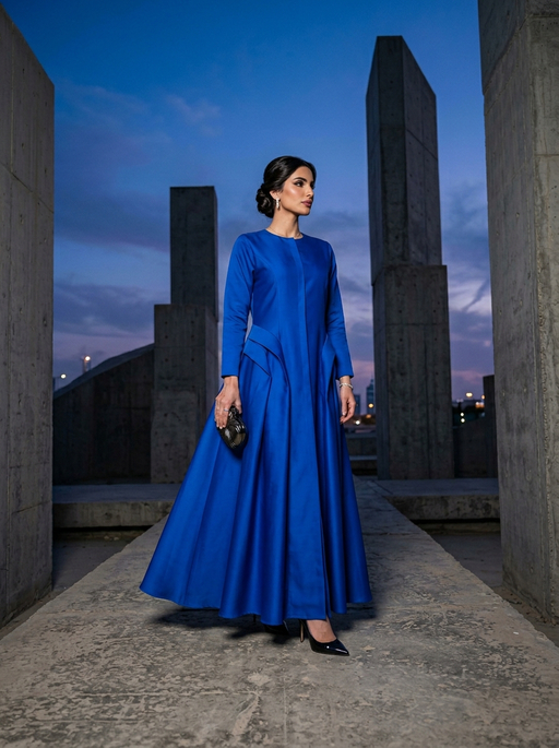 AI product photography scene — gown blue concrete pillars dusk | rawbit AI product photography scene — gown blue concrete pillars dusk | rawbit