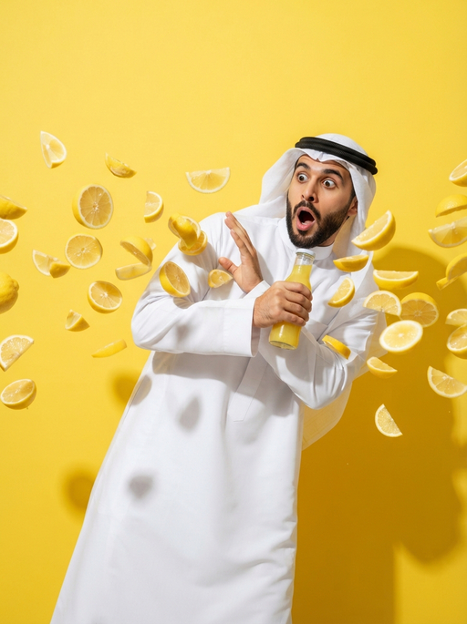 AI product photography scene — gulf man shocked flying lemons | rawbit AI product photography scene — gulf man shocked flying lemons | rawbit