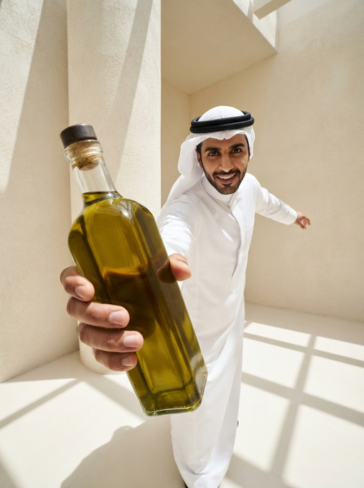 AI product photography scene — man emirati offering olive oil bottle | rawbit AI product photography scene — man emirati offering olive oil bottle | rawbit
