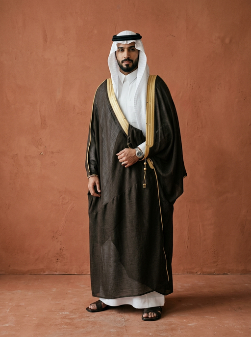 AI product photography scene — man gold trimmed bisht terracotta wall | rawbit AI product photography scene — man gold trimmed bisht terracotta wall | rawbit