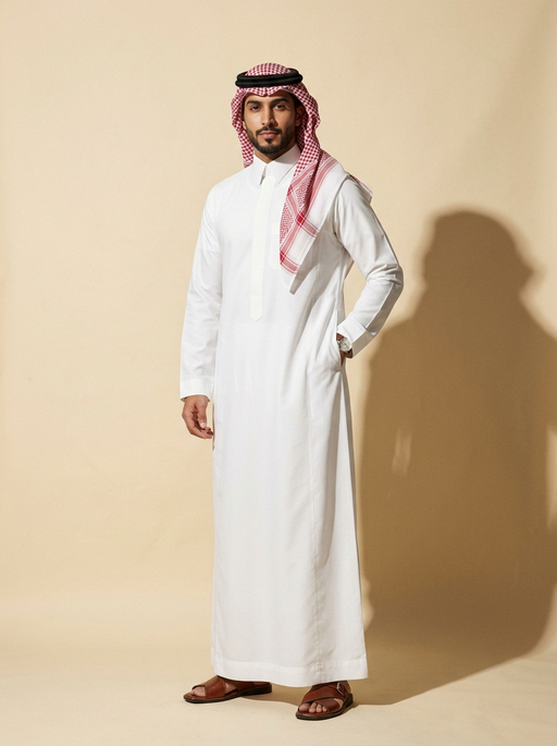 AI product photography scene — man saudi white thobe red shemagh | rawbit AI product photography scene — man saudi white thobe red shemagh | rawbit