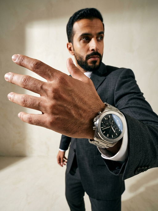 AI product photography scene — man suited chronograph wristwatch | rawbit AI product photography scene — man suited chronograph wristwatch | rawbit
