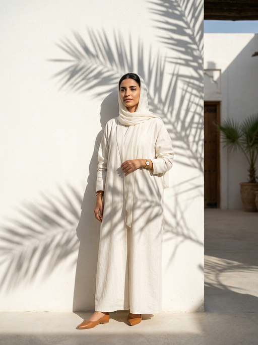 AI product photography scene — outfit white linen palm shadowed wall | rawbit AI product photography scene — outfit white linen palm shadowed wall | rawbit