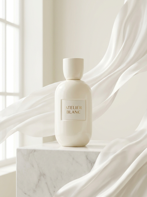 AI product photography scene — perfume atelier blanc marble flowing silk | rawbit AI product photography scene — perfume atelier blanc marble flowing silk | rawbit