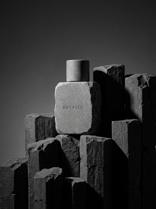 AI product photography scene — perfume basalte dark basalt columns | rawbit AI product photography scene — perfume basalte dark basalt columns | rawbit