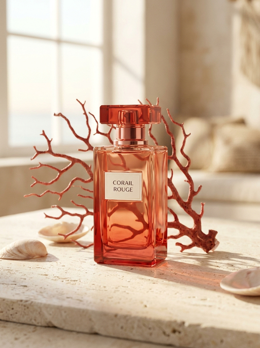 AI product photography scene — perfume corail rouge coral seashells | rawbit AI product photography scene — perfume corail rouge coral seashells | rawbit