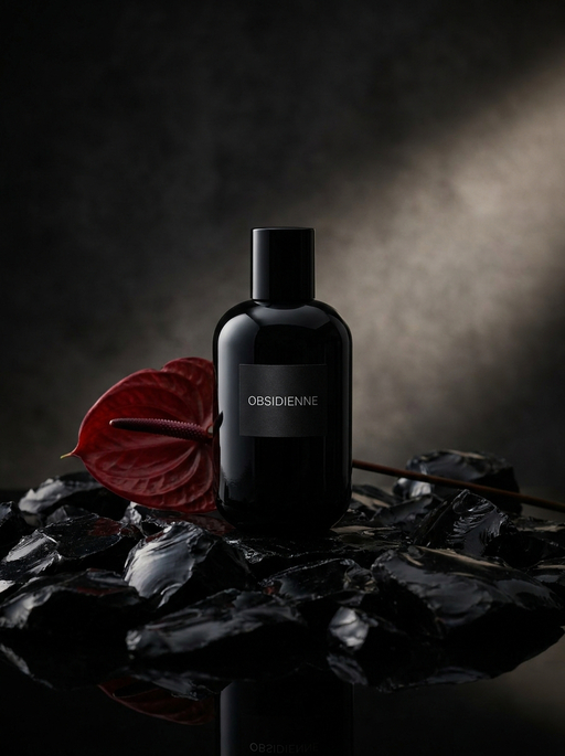 AI product photography scene — perfume obsidienne black obsidian red anthurium | rawbit AI product photography scene — perfume obsidienne black obsidian red anthurium | rawbit
