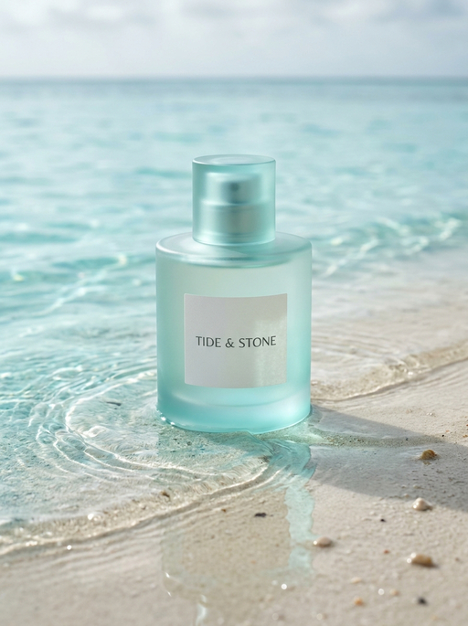 AI product photography scene — perfume tide and stone turquoise sea shallows | rawbit AI product photography scene — perfume tide and stone turquoise sea shallows | rawbit