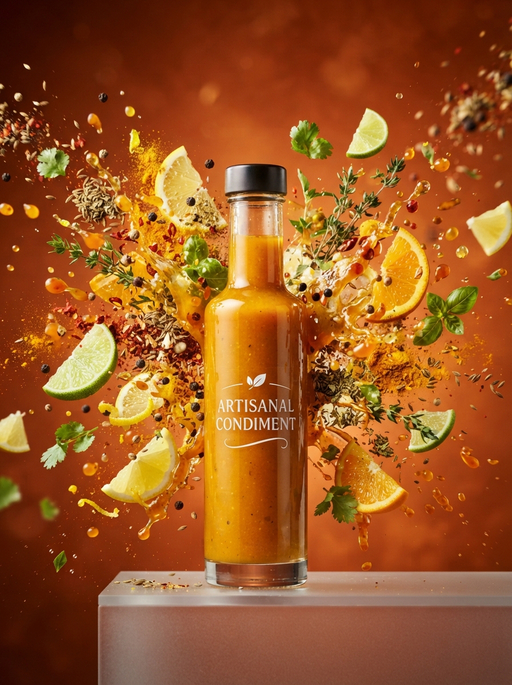AI product photography scene — product artisanal condiment bottle exploding spices | rawbit AI product photography scene — product artisanal condiment bottle exploding spices | rawbit