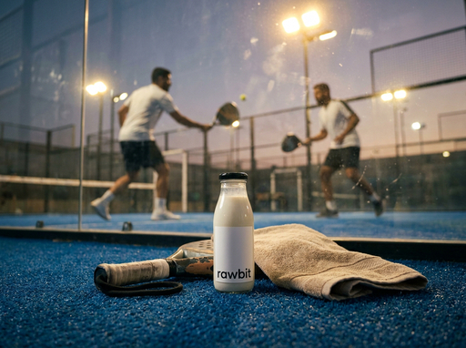 AI product photography scene — rawbit bottle courtside night padel | rawbit AI product photography scene — rawbit bottle courtside night padel | rawbit