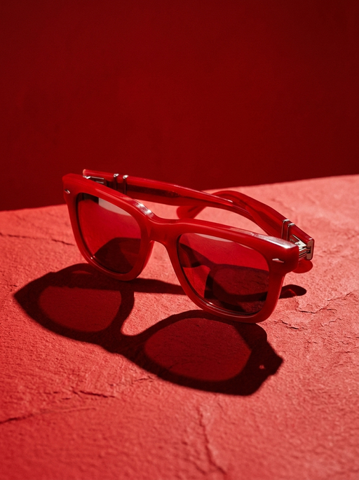 AI product photography scene — red folding sunglasses shadow crimson | rawbit AI product photography scene — red folding sunglasses shadow crimson | rawbit