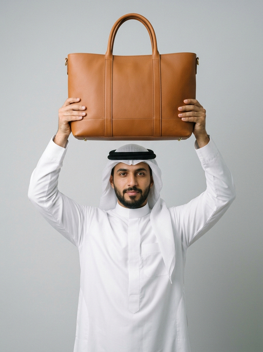 AI product photography scene — saudi man balancing tan leather tote | rawbit AI product photography scene — saudi man balancing tan leather tote | rawbit