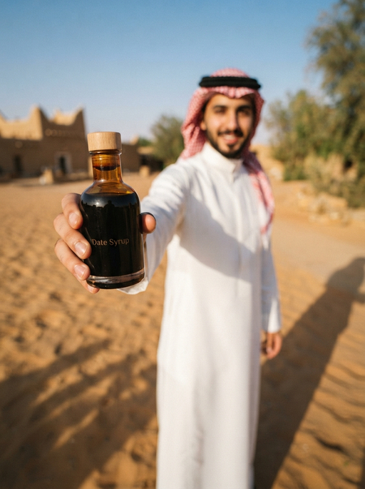 AI product photography scene — saudi man presenting date syrup desert | rawbit AI product photography scene — saudi man presenting date syrup desert | rawbit