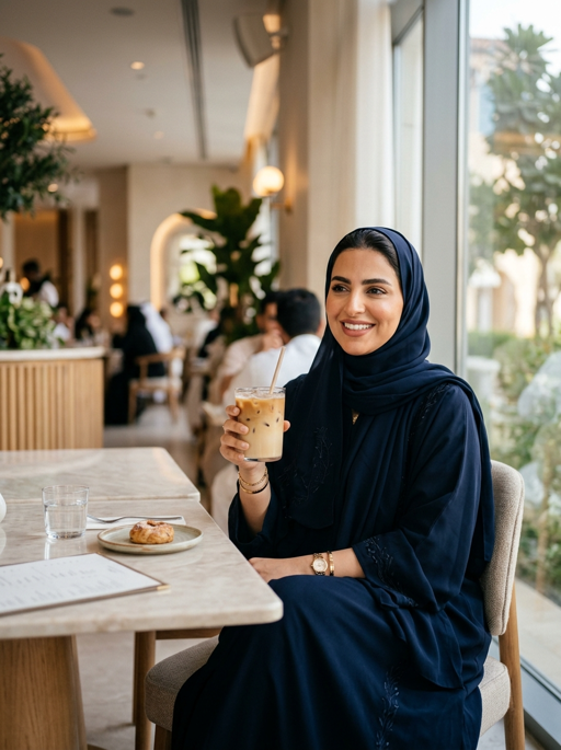 AI product photography scene — smiling woman iced coffee cafe | rawbit AI product photography scene — smiling woman iced coffee cafe | rawbit