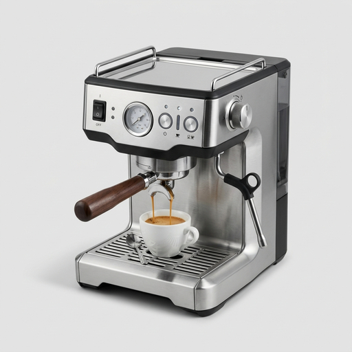 AI product photography scene — stainless espresso machine pouring coffee | rawbit AI product photography scene — stainless espresso machine pouring coffee | rawbit