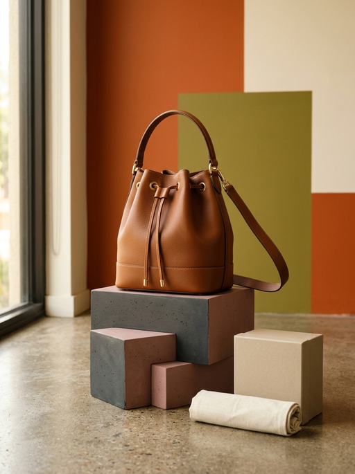 AI product photography scene — tan leather bucket bag geometric blocks | rawbit AI product photography scene — tan leather bucket bag geometric blocks | rawbit