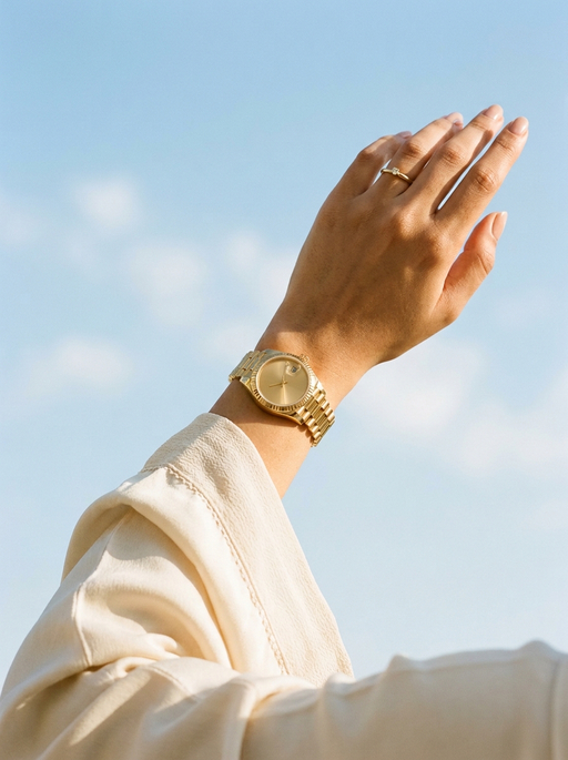 AI product photography scene — watch gold raised wrist against sky | rawbit AI product photography scene — watch gold raised wrist against sky | rawbit