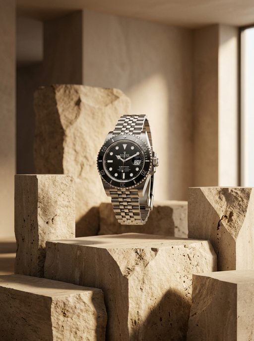 AI product photography scene — watch steel dive travertine blocks | rawbit AI product photography scene — watch steel dive travertine blocks | rawbit