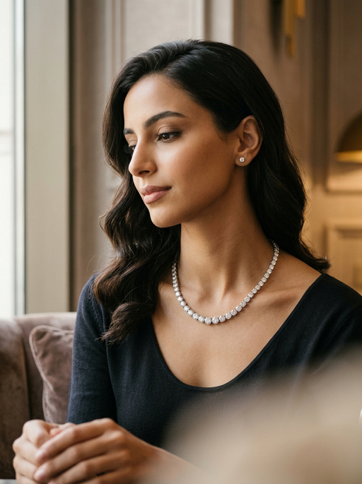AI product photography scene — woman black dress diamond tennis necklace | rawbit AI product photography scene — woman black dress diamond tennis necklace | rawbit