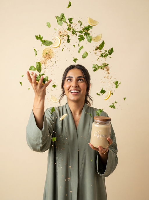 AI product photography scene — woman tossing herbs tahini jar | rawbit AI product photography scene — woman tossing herbs tahini jar | rawbit